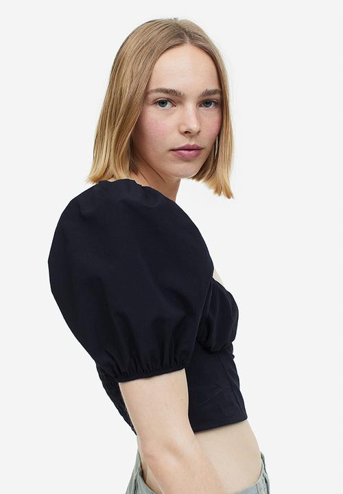H&M - Puff-sleeved cropped blouse - black