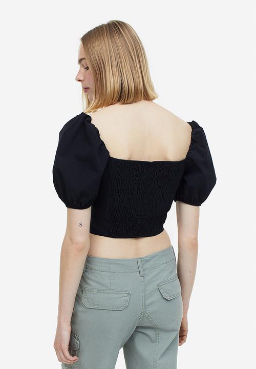H&M - Puff-sleeved cropped blouse - black