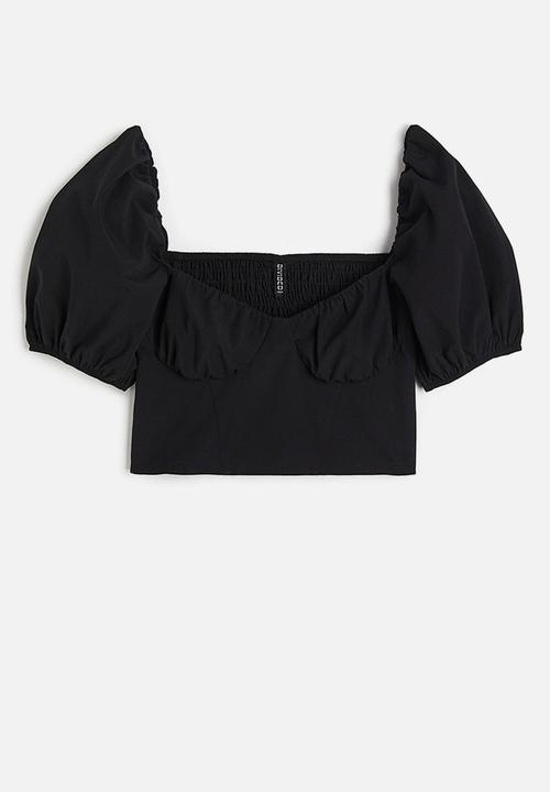 H&M - Puff-sleeved cropped blouse - black