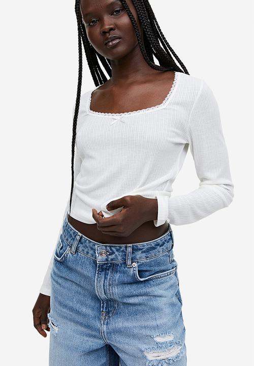 H&M - Lace-trimmed ribbed top - white