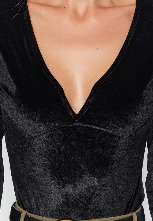 Trendyol - Velvet smart fitted v-neck bodysuit - black