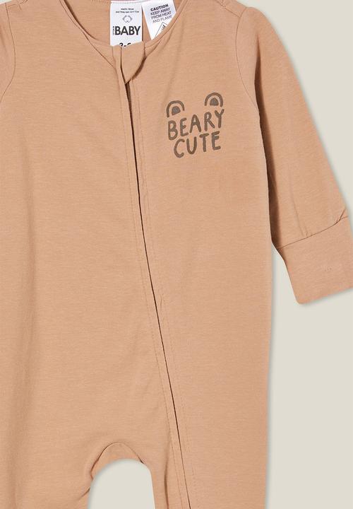 Cotton On - The long sleeve zip romper - taupy brown/beary cute