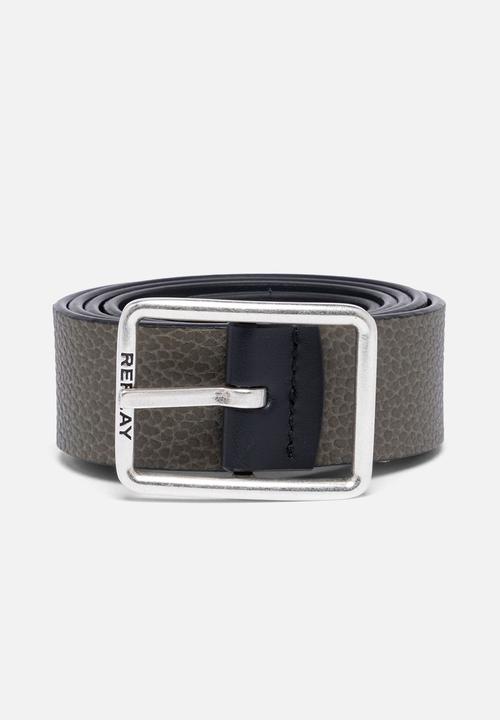 Replay - Belt in crust leather - black & military green