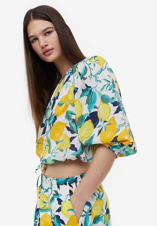 H&M - Balloon-sleeved blouse - natural white/lemons