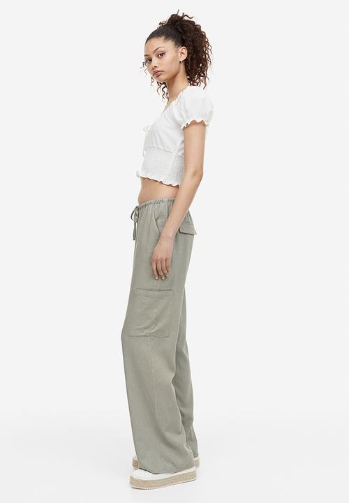 H&M - Wide linen-blend trousers - light khaki green