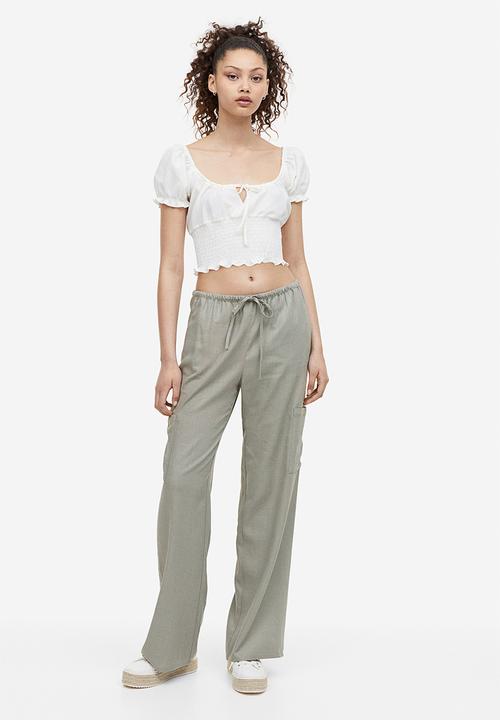 H&M - Wide linen-blend trousers - light khaki green