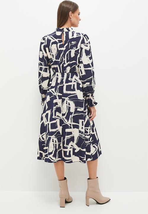 Stella Morgan - Abstract Monotone Printed Dress - Navy