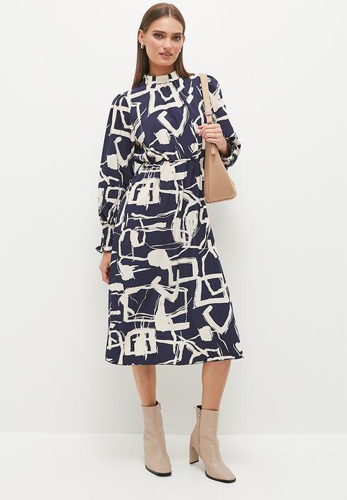 Stella Morgan - Abstract Monotone Printed Dress - Navy