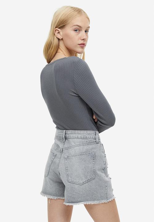 H&M - Lace-trimmed ribbed top - grey