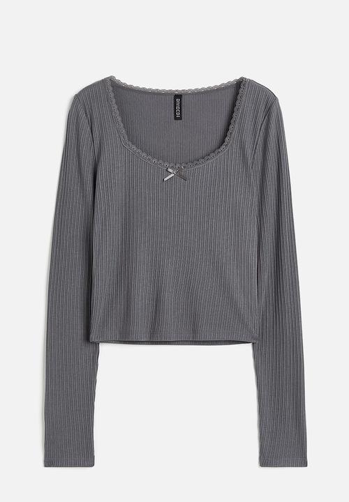H&M - Lace-trimmed ribbed top - grey