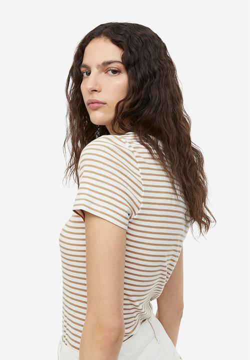 H&M - Ribbed modal-blend t-shirt - white/beige striped