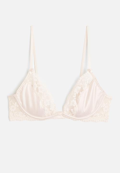 H&M - Non-padded underwired satin and lace bra - beige
