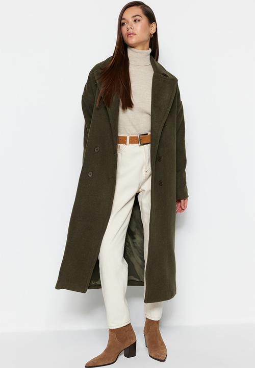 Trendyol - Oversize Wide Cut Long Wool Cashmere Coat - Khaki