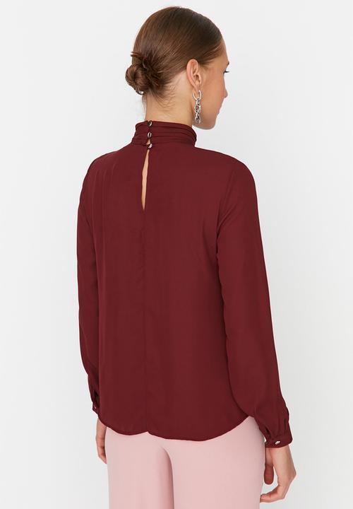 Trendyol - Stand Up Collar Woven Blouse - Plum