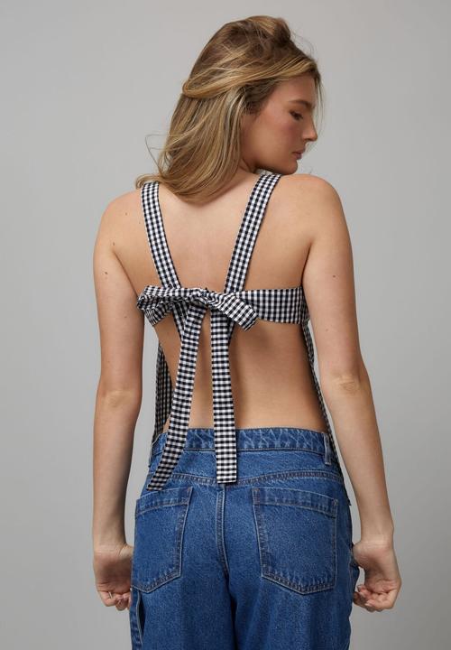 Factorie - Apron Front Tie Back Top - Black/White Gingham