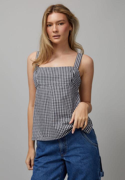 Factorie - Apron Front Tie Back Top - Black/White Gingham