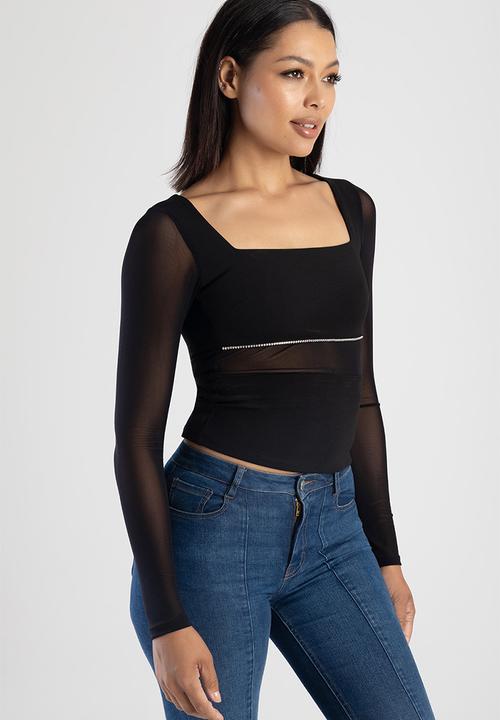 SISSY BOY - Fitted Bardot Long Sleeve With Mesh Insets - Black