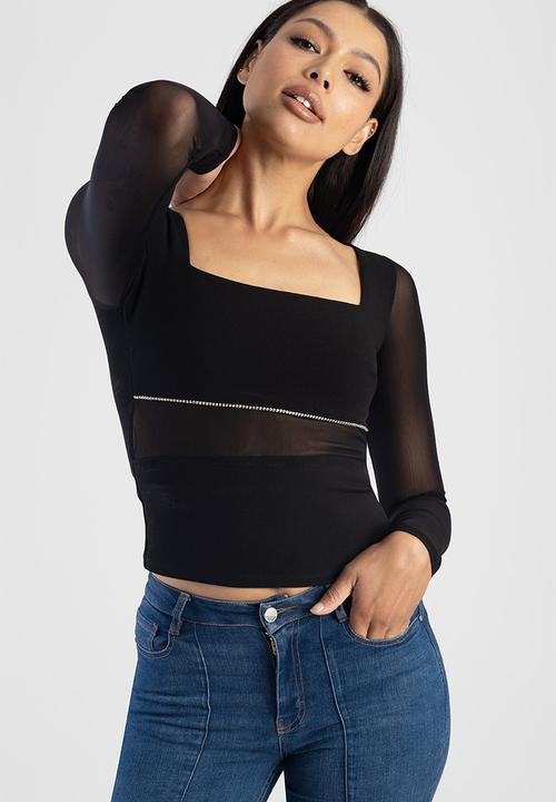 SISSY BOY - Fitted Bardot Long Sleeve With Mesh Insets - Black