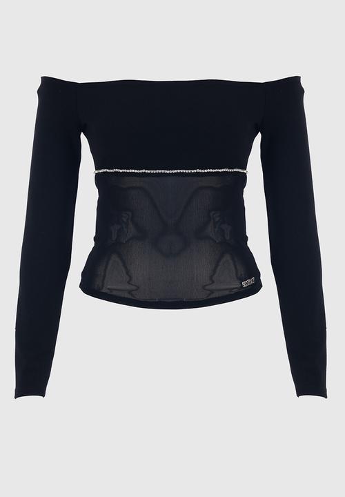 SISSY BOY - Fitted Bardot Long Sleeve With Mesh Insets - Black