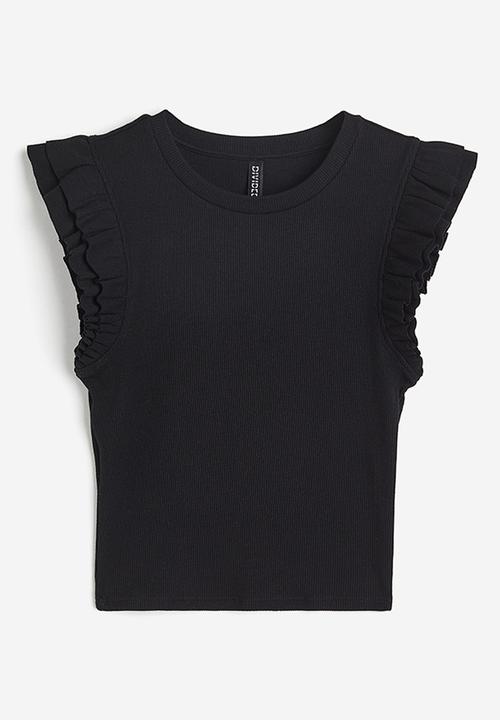 H&M - Flutter-sleeved ribbed top - black