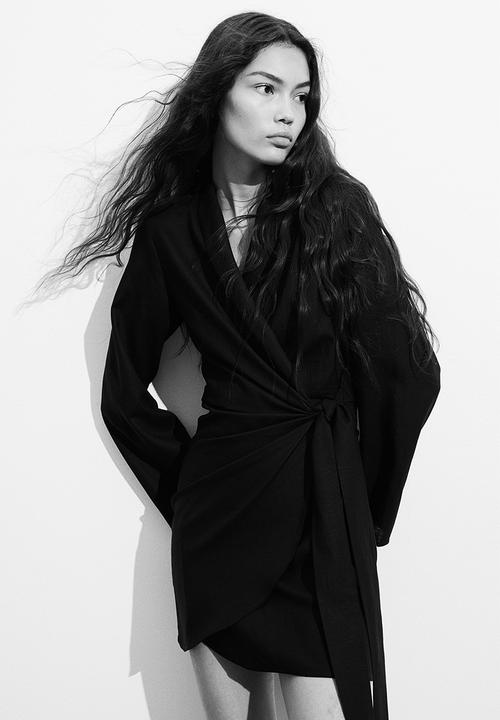 H&M - Linen-blend wrap dress - black