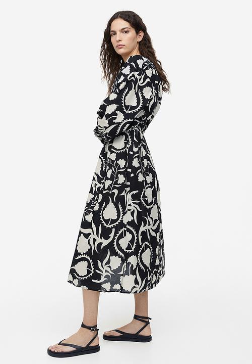 H&M - Tie-detail cotton dress - Black Patterned