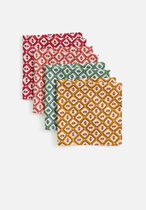 H&M - 4-pack patterned napkins - yellow,pink,orange,green,multi