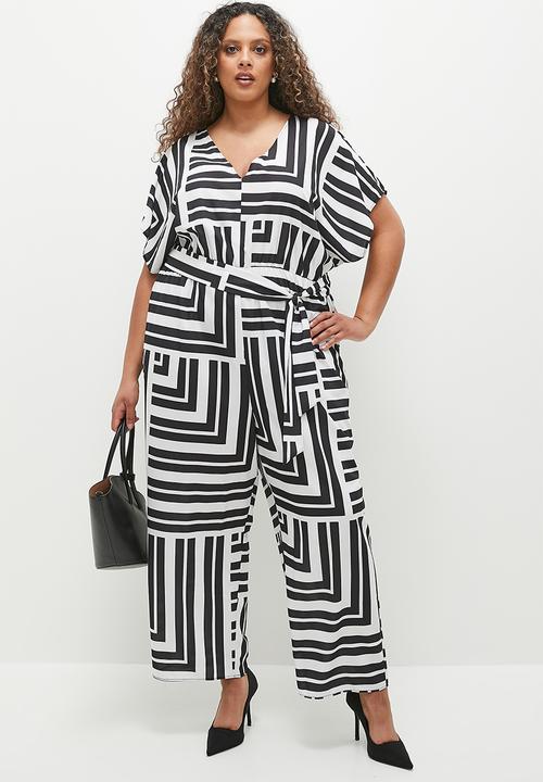 edit - Grown on sleeve printed belted jumpsuit -  stripe.