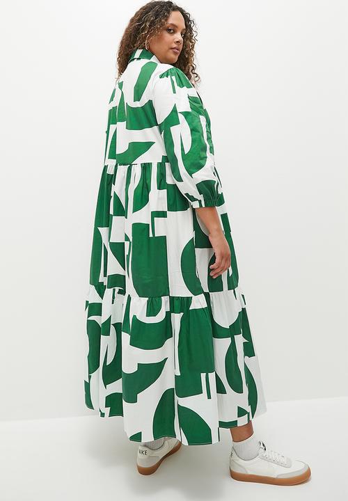 Superbalist - Tiered midi shirt dress - green cut up geo