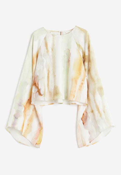 H&M - Trumpet-sleeved blouse - Cream Patterned
