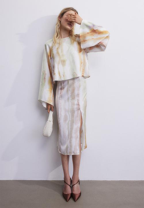 H&M - Trumpet-sleeved blouse - Cream Patterned