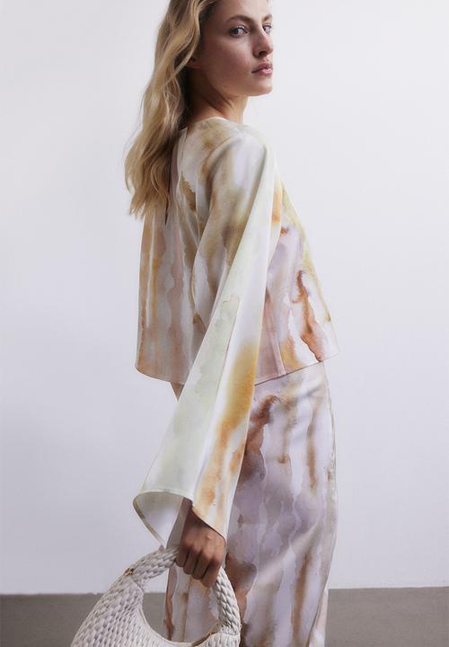 H&M - Trumpet-sleeved blouse - Cream Patterned