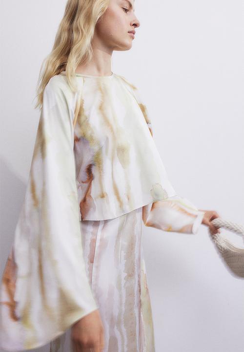 H&M - Trumpet-sleeved blouse - Cream Patterned