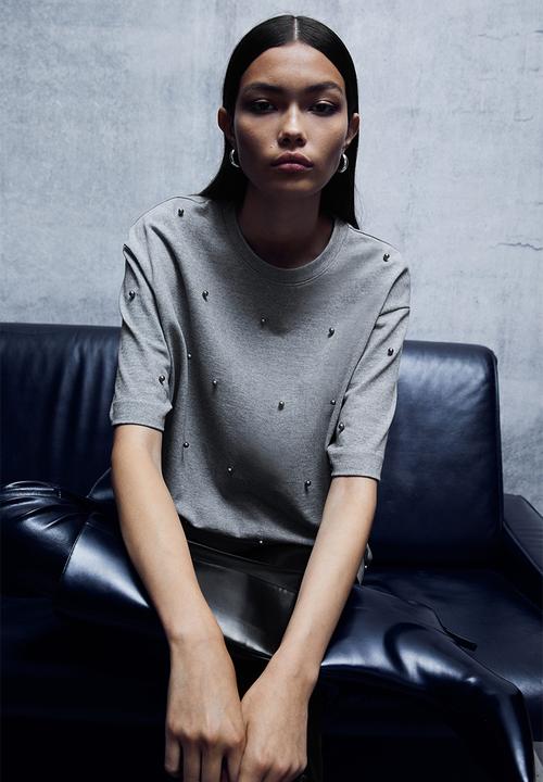 H&M - Bead-embellished t-shirt - grey, multi