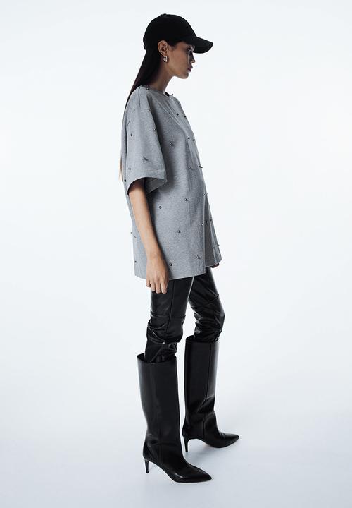 H&M - Bead-embellished t-shirt - grey, multi