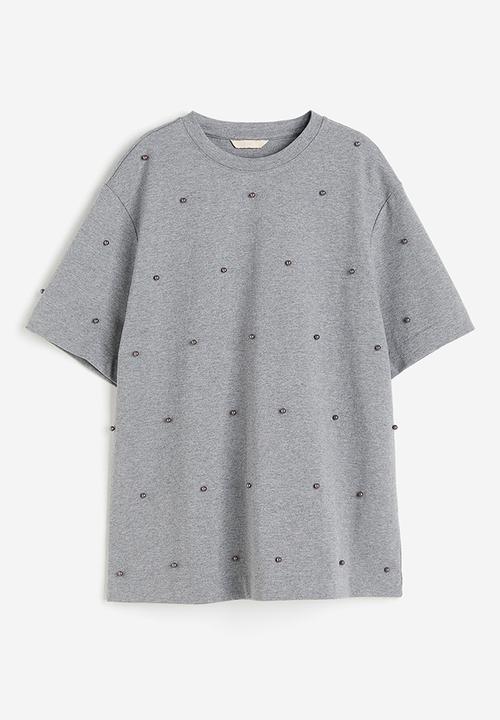 H&M - Bead-embellished t-shirt - grey, multi