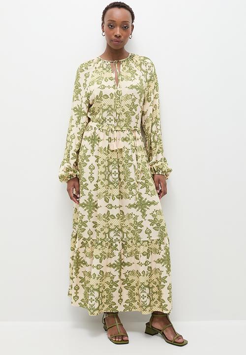 edit - Boho tiered midi dress - olive patchwork