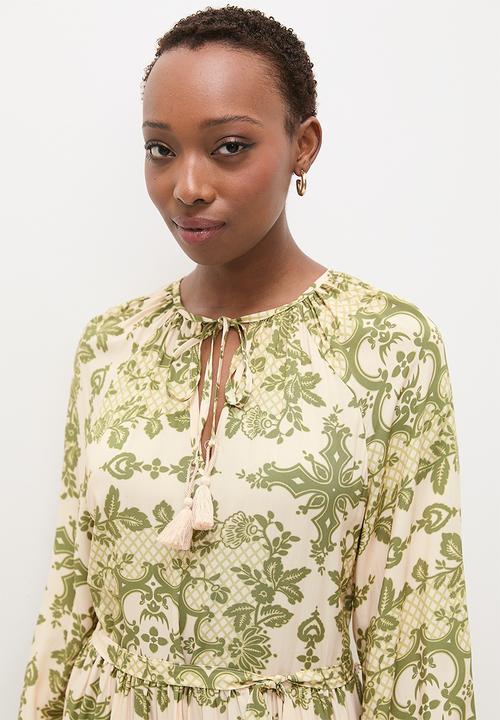 edit - Boho tiered midi dress - olive patchwork