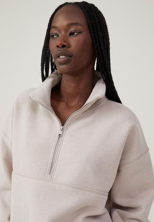 Cotton On - Plush Essential Half Zip Jumper - Sesame Marle