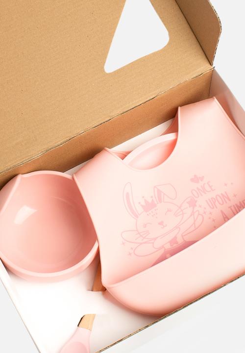 Character Group - Bunny fairy 4pc silicone feeding set: bib/ spoon/ bowl & divider plate  - pink