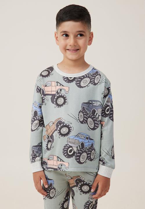 Cotton On - Chuck long sleeve pyjama set - stone green/monster trucks
