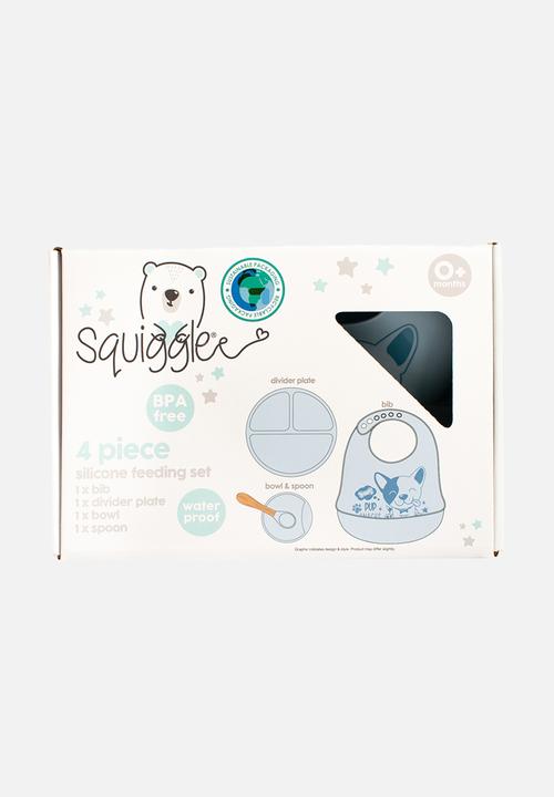 Character Group - Doggy 4pc silicone feeding set: bib/ spoon/ bowl & divider plate  - blue