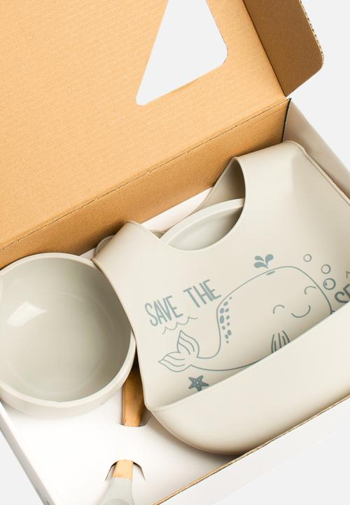 Character Group - Whale 4pc silicone feeding set: bib/ spoon/ bowl & divider plate - grey