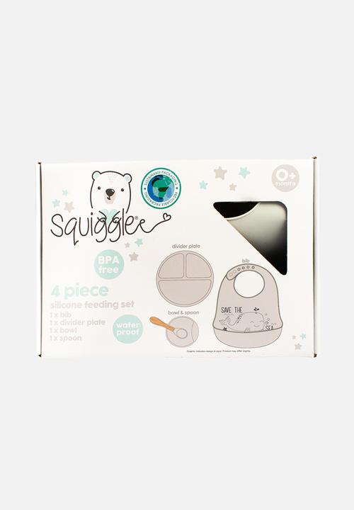 Character Group - Whale 4pc silicone feeding set: bib/ spoon/ bowl & divider plate - grey