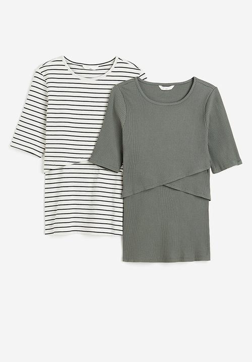 H&M - Mama before & after 2-pack maternity/nursing tops - green,white,multi