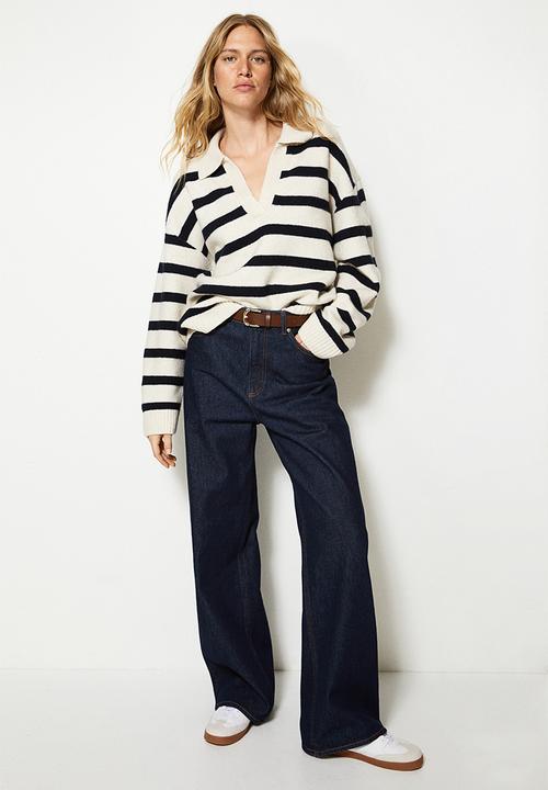 H&M - Fine-knit collared jumper - light beige/striped
