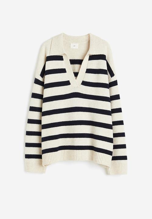 H&M - Fine-knit collared jumper - light beige/striped