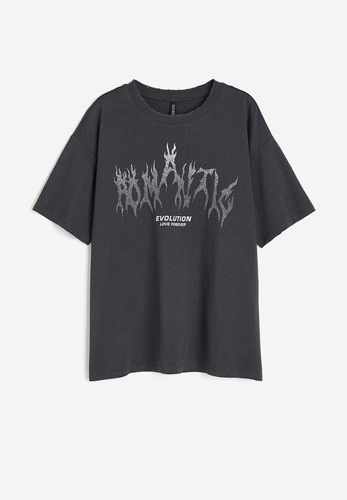 H&M - Oversized printed T-shirt - dark grey/romantic