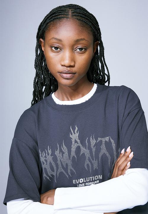 H&M - Oversized printed T-shirt - dark grey/romantic