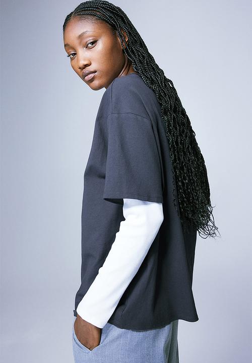H&M - Oversized printed T-shirt - dark grey/romantic